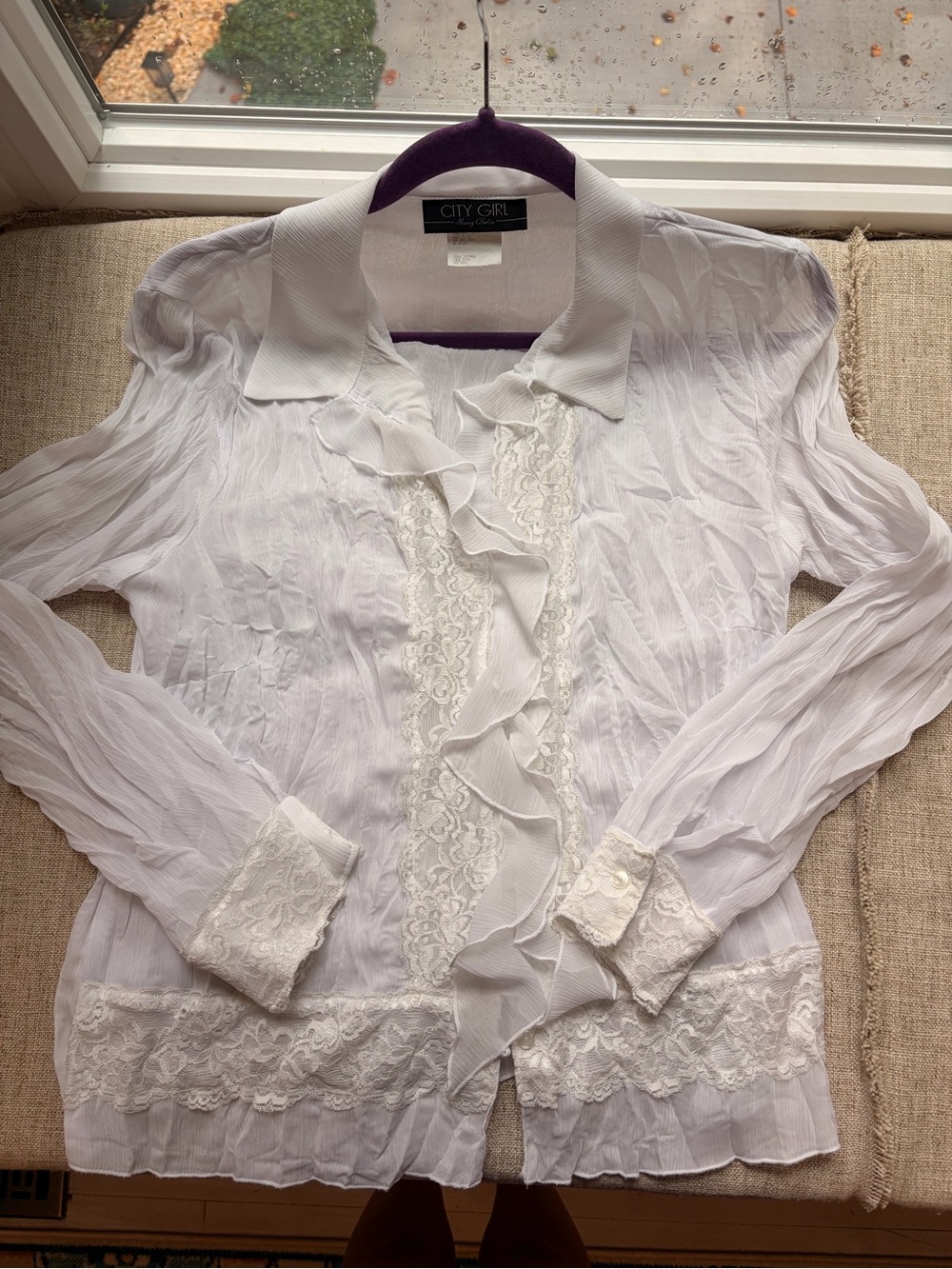 City Girl White Ruffled Lace-Trim Button-Down Blouse - Women's Top